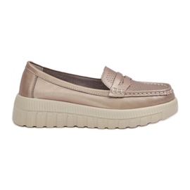 Mocas de couro Open Women Open na plataforma e cunhas de champanhe dourado