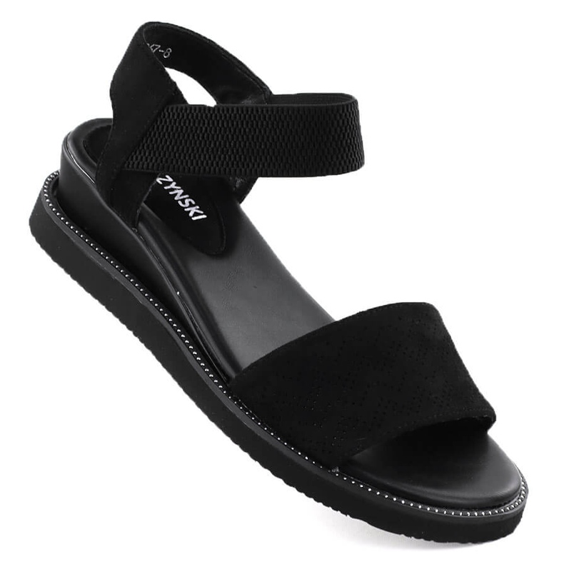 Sandálias femininas em uma cunha baixa de camurça Black M. Daszyński MR2267-8 preto