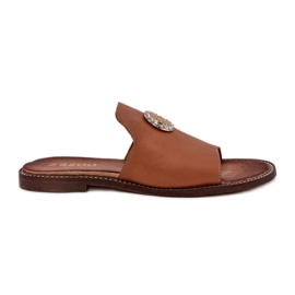 Chinelos femininos de couro elegante com decoração Zazoo 3008 Camel castanho
