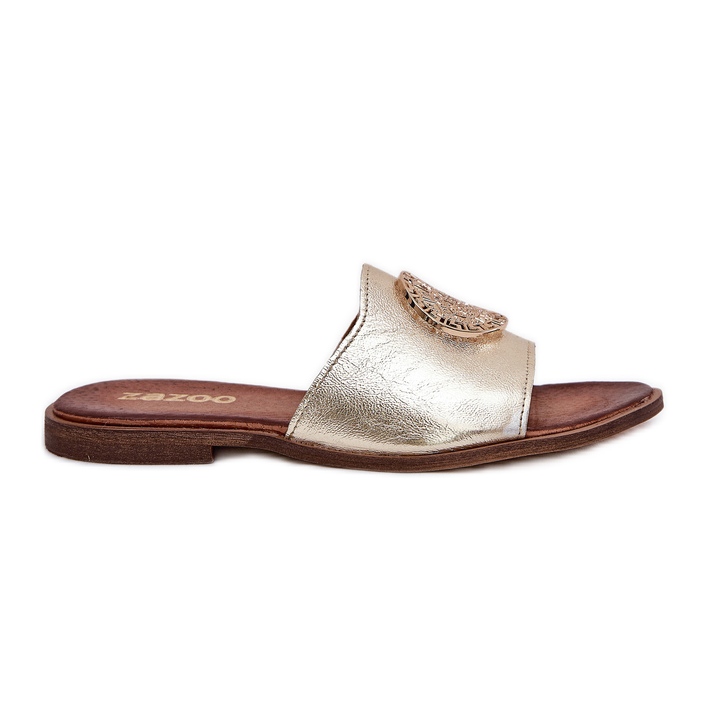 Zazoo 2938 chinelos de couro liso com ornamento dourado Zazoo 2938 chinelos de couro liso com ornamento dourado