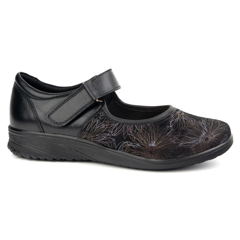 But-Bal Sapatos de velcro de couro feminino com padrão floral 696bb preto