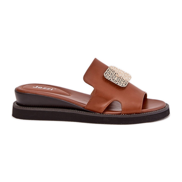 Jezzi Flips femininos na cunha de couro anchoic com decoração marrom castanho