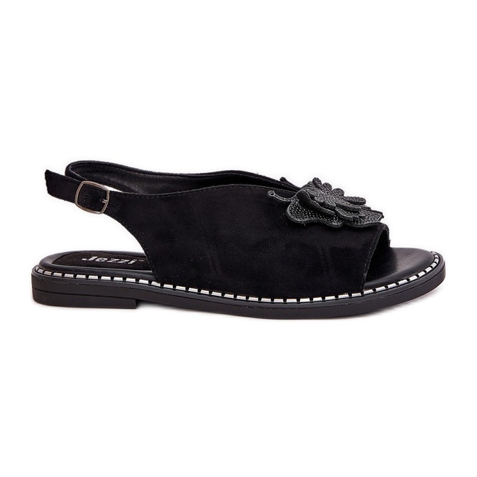 Jezzi Sandálias femininas de grama plana com uma decoração negra preto