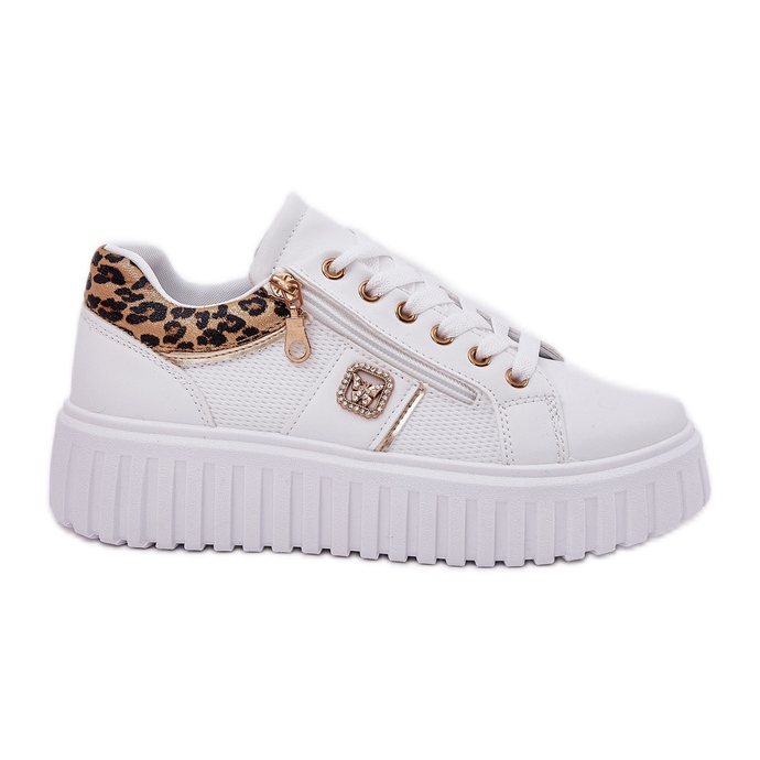 Sapatos esportivos femininos em plataforma com impressão de leopardo de couro ECO branco