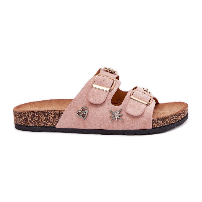 Chinelos femininos em uma sola de cortiça com grampos e alfinetes de rosa claro