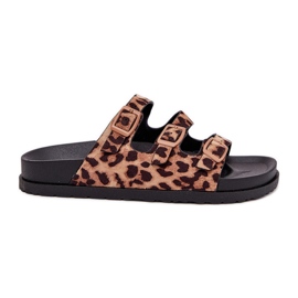 Flip de mulheres com listras e fivela com estampa de leopardo marrom castanho