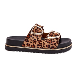 Chinelos femininos com estampa de leopardo na plataforma com grampos dourados marrom castanho