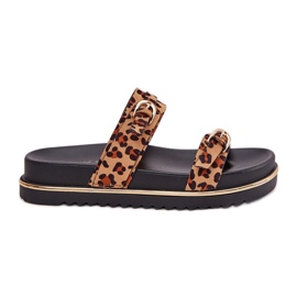 Chinelos femininos com estampa de leopardo na plataforma com listras e grampos marrons castanho