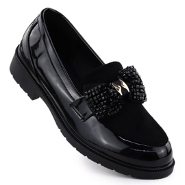 Moccasins Sapatos femininos envernizados com um arco preto s.barski hy51-319 Moccasins Sapatos femininos envernizados com um arco preto s.barski hy51-319