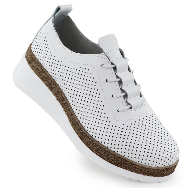 Sapatos de couro feminino para cunhas brancas perfuradas T.SOKOLSKI W25-203 branco