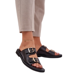 Chinelos planos de couro com zazoo 3020 grampos pretos