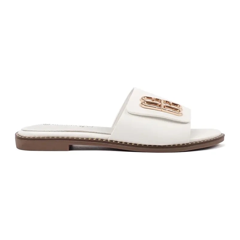 Goodin Flip de mulheres brancas com uma sola plana com um ornamento branco