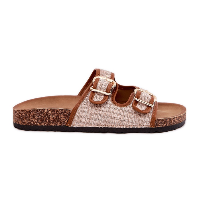 Flip de materiais femininos em uma plataforma de cortiça com fivelas de camelo castanho