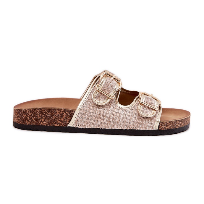 Flip de materiais femininos em uma plataforma de cortiça com fivelas de ouro dourado