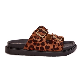 Chinelos femininos com estampa de leopardo na plataforma com fivelas marrons castanho
