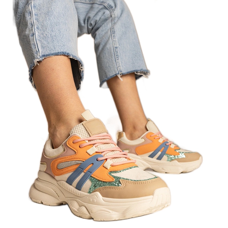 Tênis esportivos femininos laranja com glitter