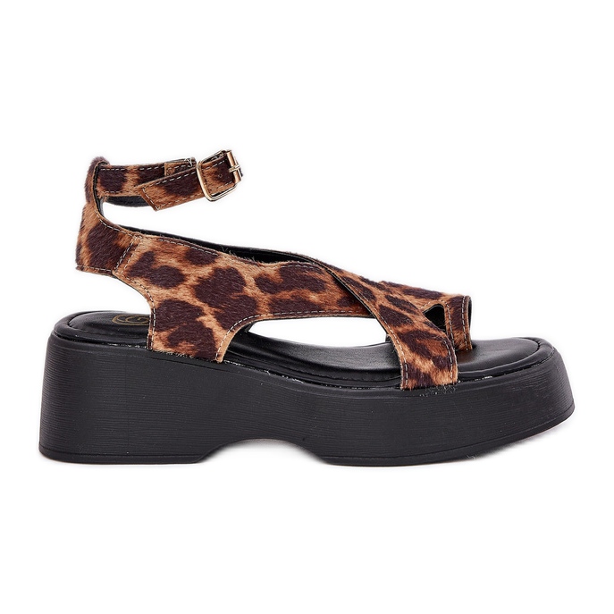 Sandálias femininas na plataforma e cunhas de estampa de leopardo marrom castanho