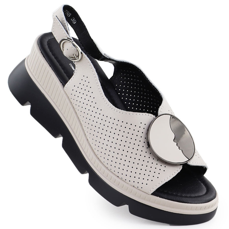 S.Barski Sandálias de couro feminino para uma cunha de cunha aberta S. Barski LR51-788 bege