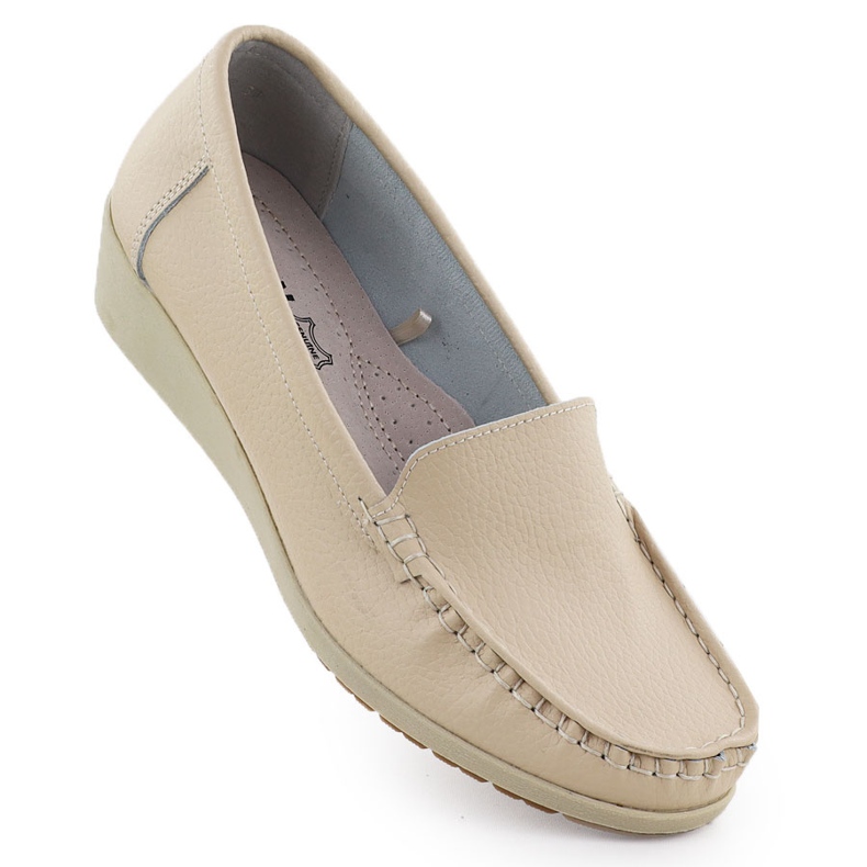 Mocas de couro feminino na elevação bege sabatina jhy03