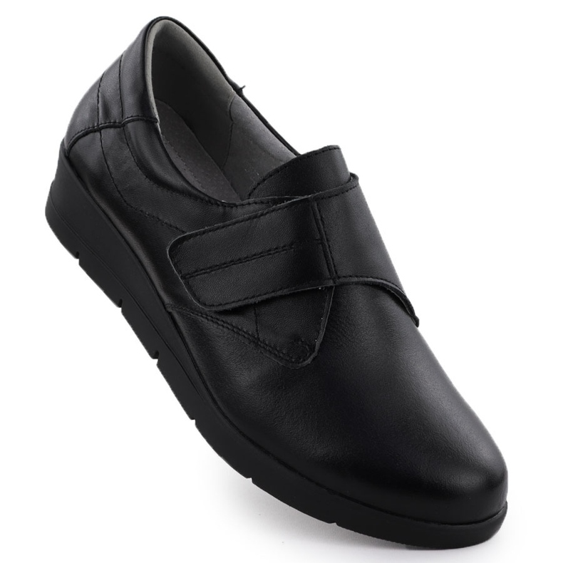 Sapatos de couro feminino nas cunhas Black Sabatina JHY202 preto