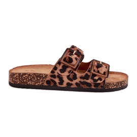 Chinelos femininos com grampos na estampa de leopardo marrom de Cork sola