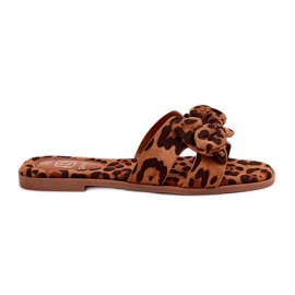 Chinelos de mulheres planas com arco de leopardo do arco castanho