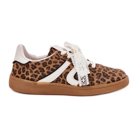 Tênis femininos baixos com leopardo de renda marrom