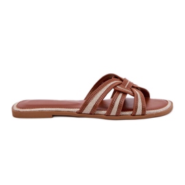 Chinelos de mulheres planas com listras marrons entrelaçadas castanho