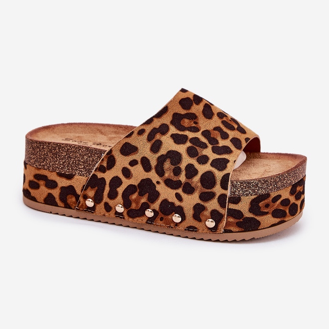 Flips femininos em uma enorme plataforma eco camurça leopard estampa marrom castanho