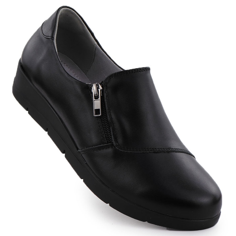 Sapatos de couro feminino nas cunhas Black Sabatina JHY201 preto