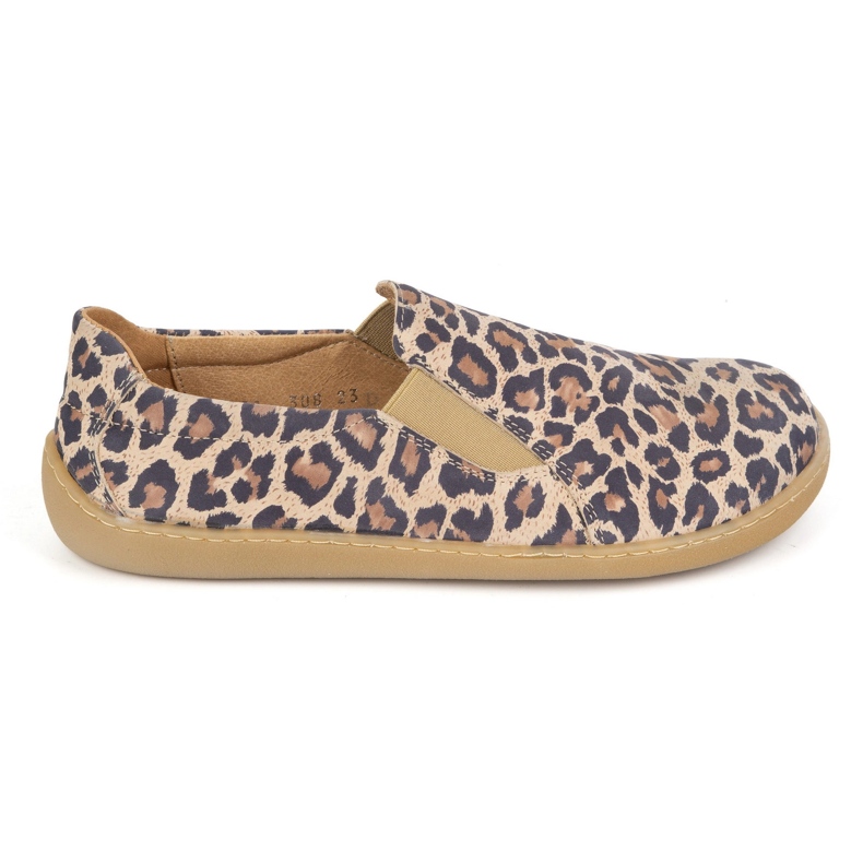 Sapatos de couro feminino descalço Pollonus escorregou 5-1308-023 Impressão de leopardo bege