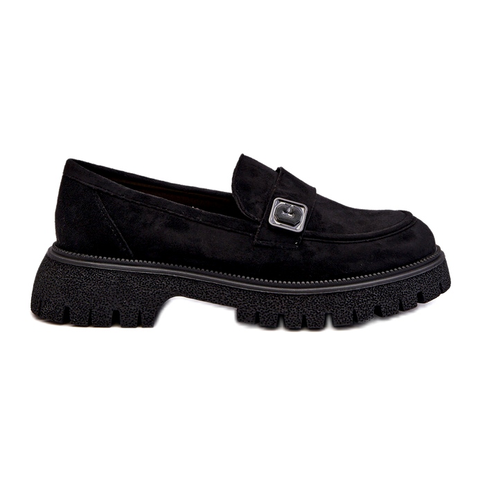 Vinceza Mocassins negros eco-elendos femininos com cinto decorativo e uma inserção de couro preto