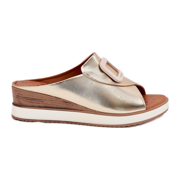 Flip de couro feminino no Artiker 56C2146 Wedge dourado