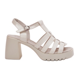 Sandálias de couro feminino pintado na postagem de mendigo leve Vinceza 66621 bege