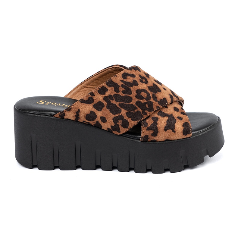 Seastar Camurça feminina chinelos com cunha de leopardo castanho