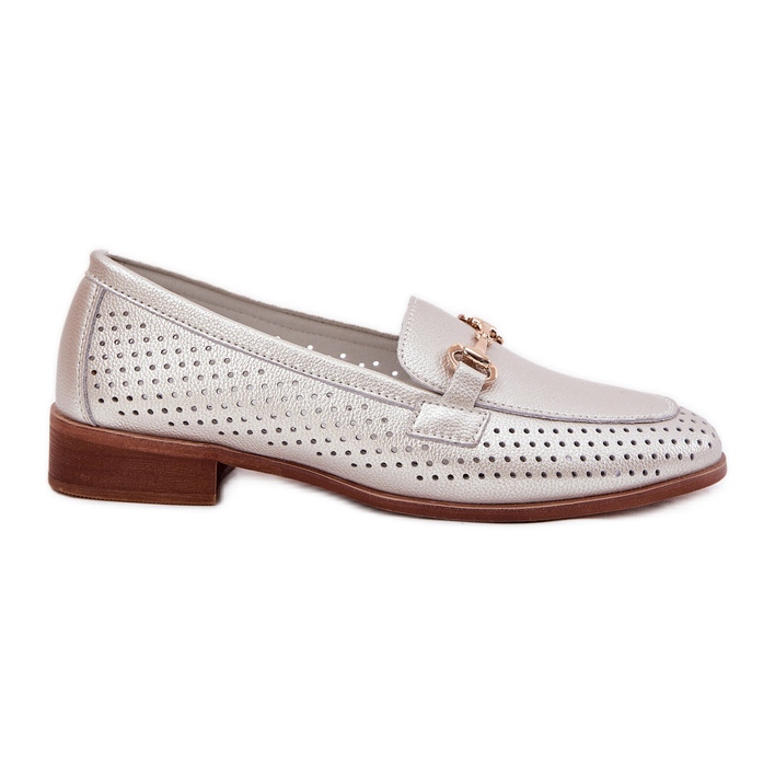 S.Barski Mocas de couro feminino com ornamento de salto plano S. Barski LR51-594 Silver prata