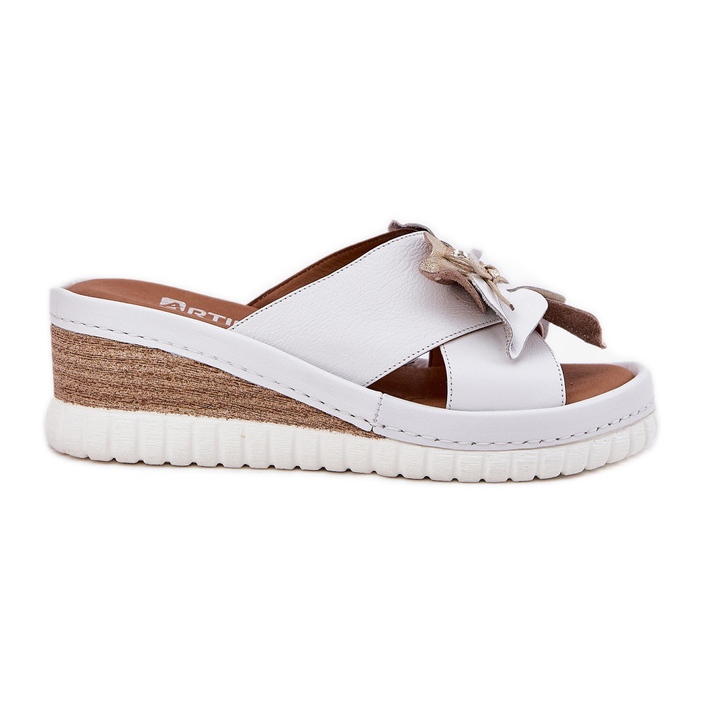 ARTIKER Cunhas de couro feminino com arte de flor decorativa 52C0537 Branco