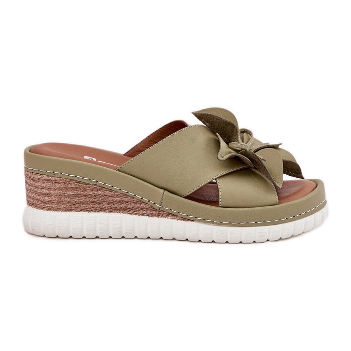 ARTIKER Cunhas de couro feminino com uma flor de flor decorativa 52C0503 Green verde