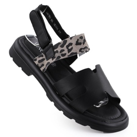 Sandálias de couro feminino com estampa de leopardo Vinceza 66780 preto