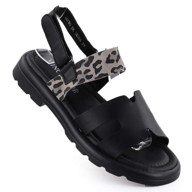 Sandálias de couro feminino com estampa de leopardo Vinceza 66780 preto
