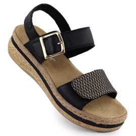 Sandálias de couro feminino na cunha Velcro Rieker V0951 preto