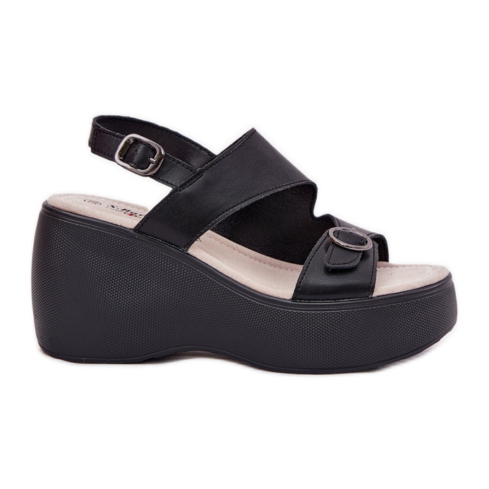 S.Barski Sandálias de couro feminino na cunha e plataforma S. Barski LR51-540 Black preto