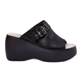 S.Barski Flip de couro feminino na plataforma e cunha com fivela S. Barski LR51-542 Black preto