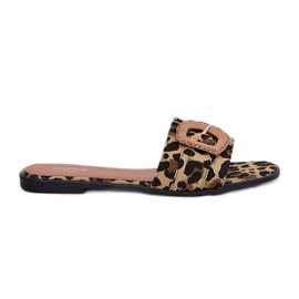 Inna Chinelos femininos planos com uma fivela de leopardo decorativo marrom