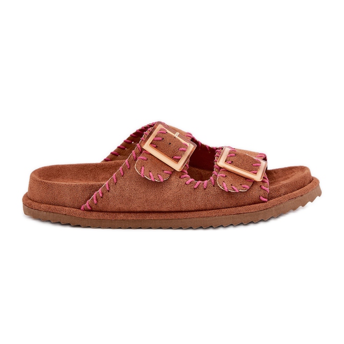 Inna Chinelos femininos com fivelas e camelo decorativo castanho