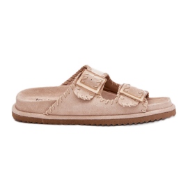 Inna Chinelos femininos com fivelas e bainha bege decorativa