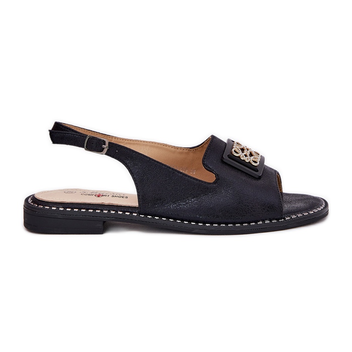 S.Barski Sandálias planas femininas elegantes com um ornamento de S. Barski KV51-082 Black preto