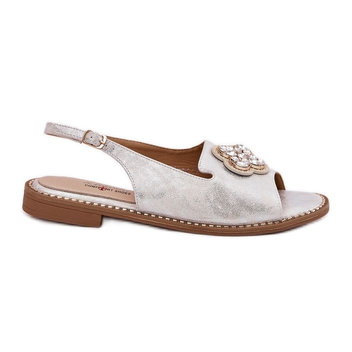 S.Barski Sandálias femininas de salto plano com detalhes decorativos S. Barski KV51-080 Silver prata