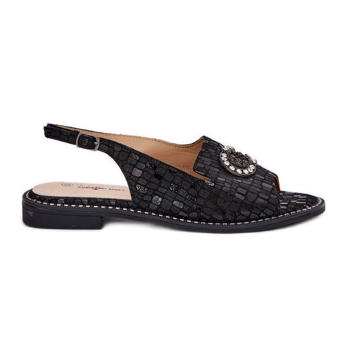 S.Barski Sandálias de couro com ornamento de salto plano S. barski kv51-096 preto