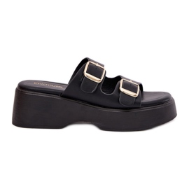 Inna Chinelos femininos na cunha e plataforma com fivelas pretas preto